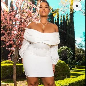 White Puff Sleeve Ruched Bardot Bodycon Dress